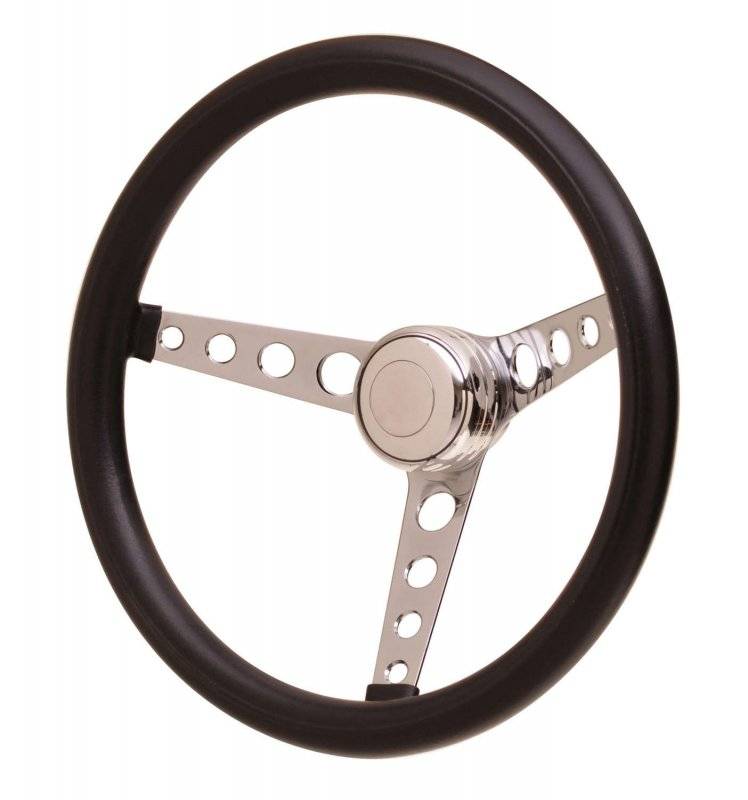GT Performance GT Classic Steering Wheel - 14.5 in Diameter - 3.5 in Dish - 3-Spoke - Black Foam Grip - Chrome