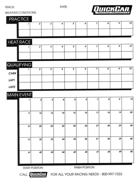 QuickCar Time Organizer Sheets - 50 Lap (50 Pack)