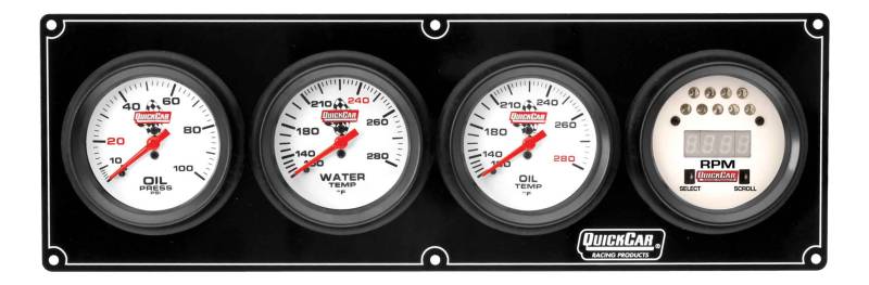 QuickCar Extreme Gauge Panel Assembly - Oil Pressure / Oil Temperature / Digital Tachometer / Water Temperature - 2-5/8 in Diameter - White Face - Warning Light