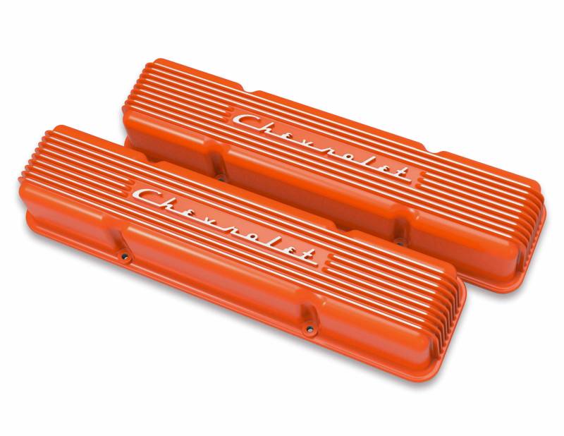 Holley Vintage Series Tall Valve Cover - Finned - Chevy Logo - Orange Powder Coat - Perimeter Bolt Pattern - Small Block Chevy - Pair