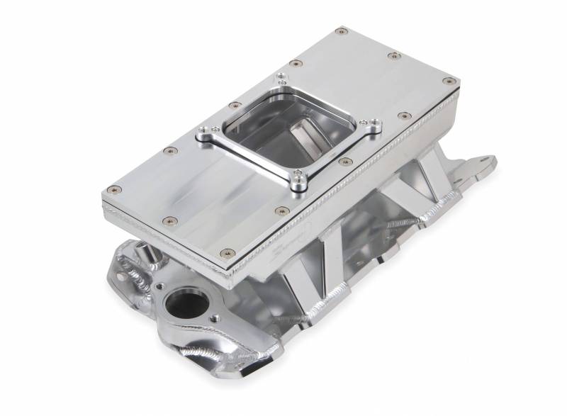 Holley Sniper Fabricated Intake Manifold SBC Single Plane Carbureted (4500 style flange changeable plate) Silver with Sniper logo