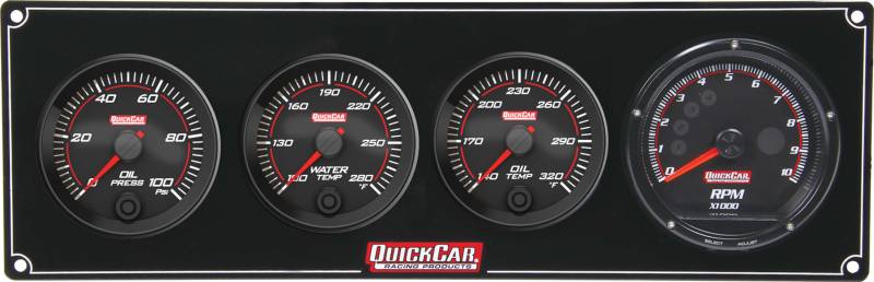 QuickCar Redline Gauge Panel Assembly - Oil Pressure / Oil Temperature / Recall Tachometer / Water Temperature - 3 in / 2-5/8 in Diameter - Black Face