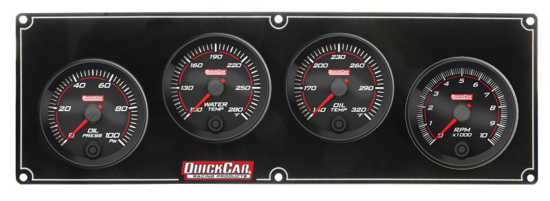 QuickCar Redline Gauge Panel Assembly - Oil Pressure / Oil Temperature / Tachometer / Water Temperature - 2-5/8 in Diameter - Black Face
