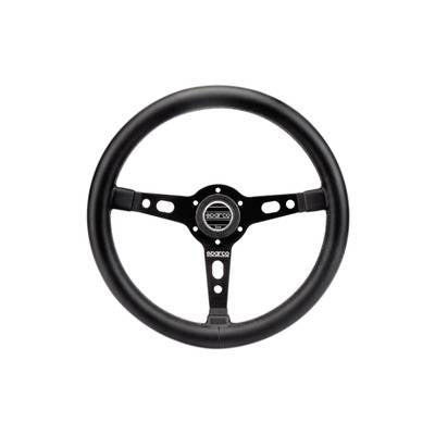 Sparco Steering Wheel - Targa 350 - 350 mm Diameter - 3-Spoke - 65 mm Dish - Leather Grip - Aluminum - Black Anodized