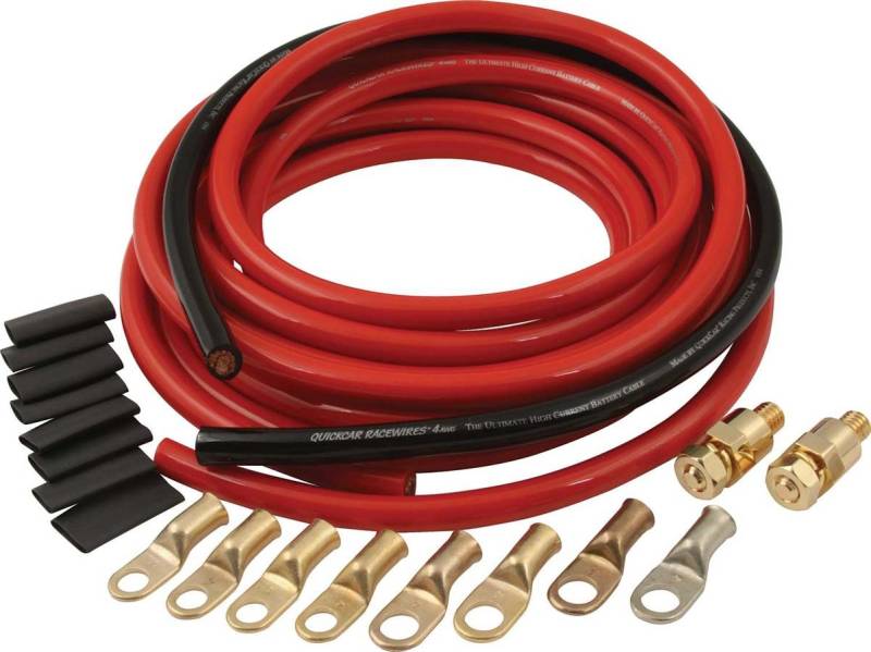 QuickCar 4 Gauge Battery Cable Kit - Side Mount Battery Terminals - Terminals / Heat Shrink Included - Copper - 15 ft Red / 2 ft Black