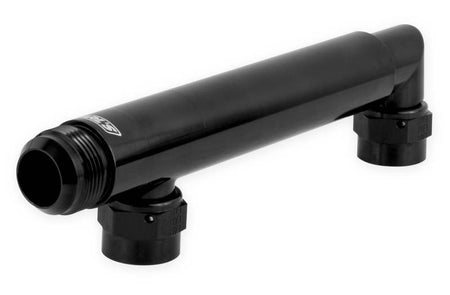 Earl's Manifold Coolant Crossover Tube - 16 AN Male Flare - Two 12 AN Female Swivel Ports - Adjustable - 6.8" to 10.5" Long - Black