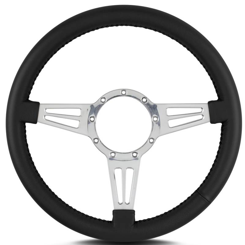 Lecarra Mark 4 Double Slot Steering Wheel - 14" Diameter - 3 Spoke - 1-1/4" Dish - Aluminum/Leather - Polished/Black