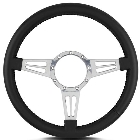 Lecarra Mark 4 Double Slot Steering Wheel - 14" Diameter - 3 Spoke - 1-1/4" Dish - Aluminum/Leather - Polished/Black