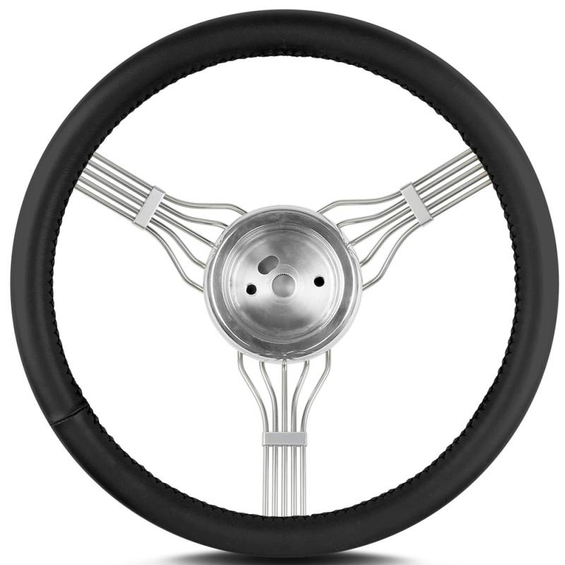Lecarra Banjo Steering Wheel - 15" Diameter - 3 Spoke - 1-1/4" Dish - Stainless/Leather - Polished/Black