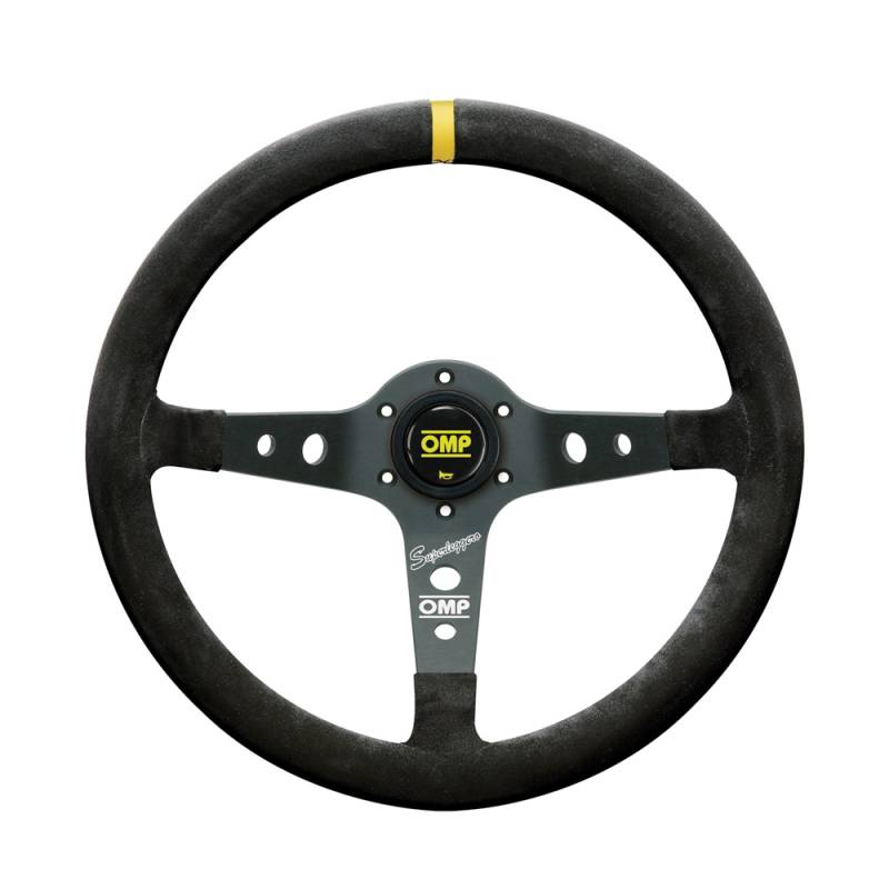 OMP Corsica Steering Wheels - 350 mm Diameter - 95 mm Dish - 3 Spoke - Suede Leather Grip - Aluminum - Black