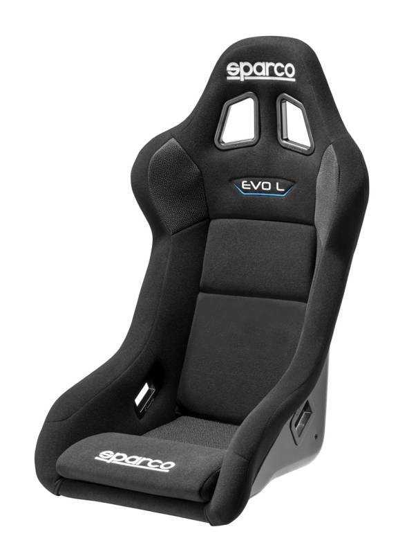 Sparco EVO Large QRt Seat - Non-Reclining - FIA Approved - Side Bolsters - Harness Openings - Fiberglass Composite - Fire-Retardant Fabric - Black