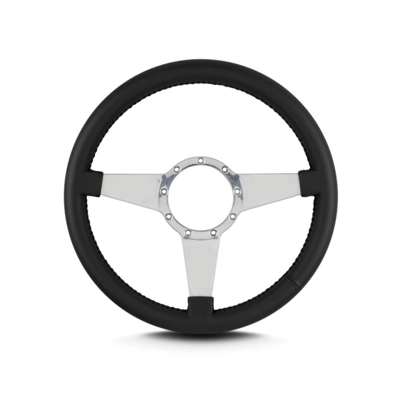 Lecarra Mark 4 Steering Wheel - 14 in Diameter - 1-1/2 in Dish - 3-Spoke - Black Leather Grip - Polished