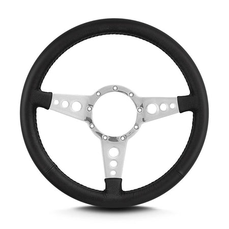 Lecarra Trans-Am Steering Wheel - 14 in Diameter - Flat - 3-Spoke - Black Leather Grip - Polished