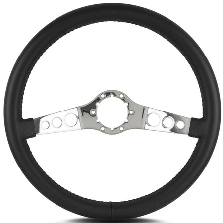 Lecarra SS Steering Wheel - 14 in Diameter - 1-1/2 in Dish - 2-Spoke - Black Leather Grip - Stainless - Polished