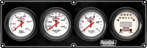 QuickCar Extreme Gauge Panel Assembly - Fuel Pressure / Oil Pressure / Digital Tachometer / Water Temperature - 2-5/8 in Diameter - White Face - Warning Light