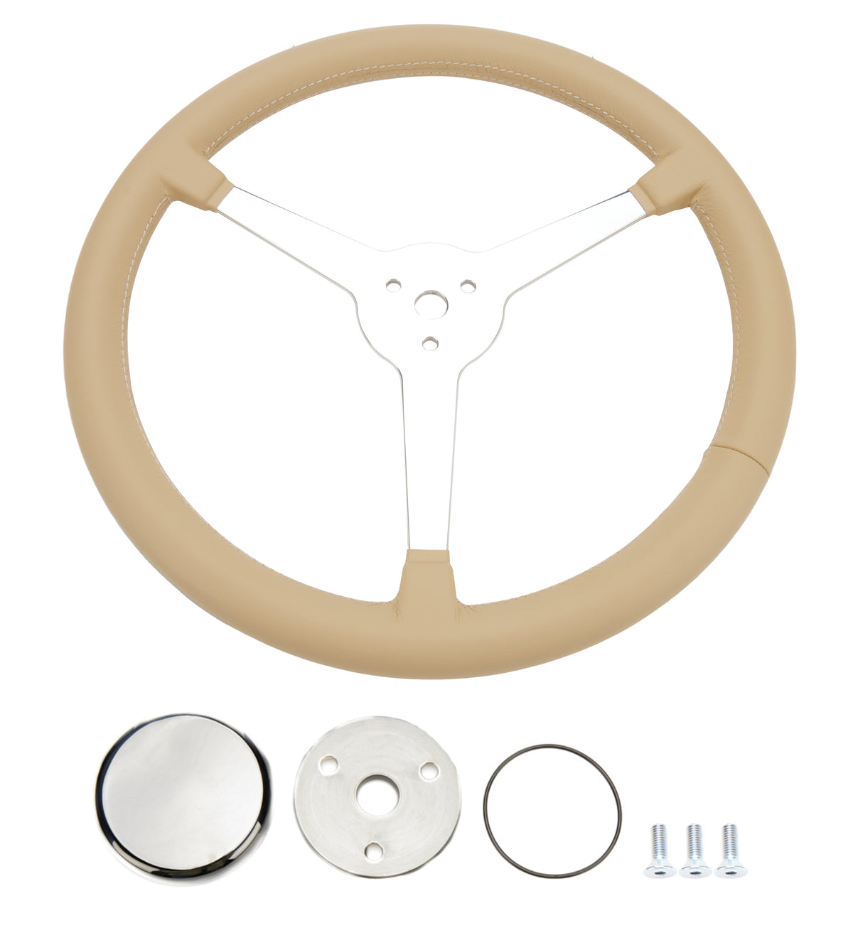 Flaming River Great Lakes Steering Wheel - 14 in Diameter - Flat - Light Tan Leather Grip - Polished