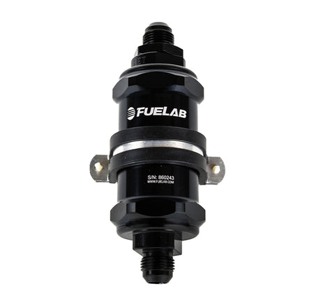 Fuelab In-Line Fuel Filter w/ Integrated Check Valve - 10 Micron - 3 in Paper Element - 6 AN Male Inlet/Outlet - Black