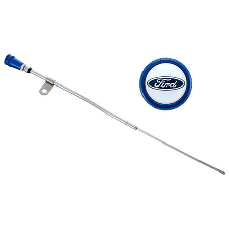 Ford Racing Timing Cover Mount Engine Oil Dipstick - Blue / Chrome - Small Block Ford
