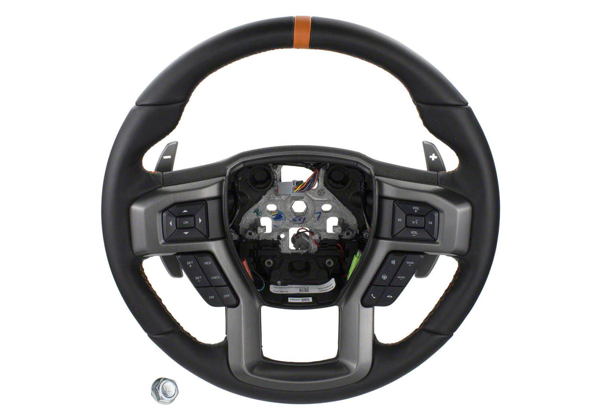 Ford Racing Steering Wheel - Black Leather Grip - Orange Stripe - Raptor - Ford Fullsize Truck 2015-18