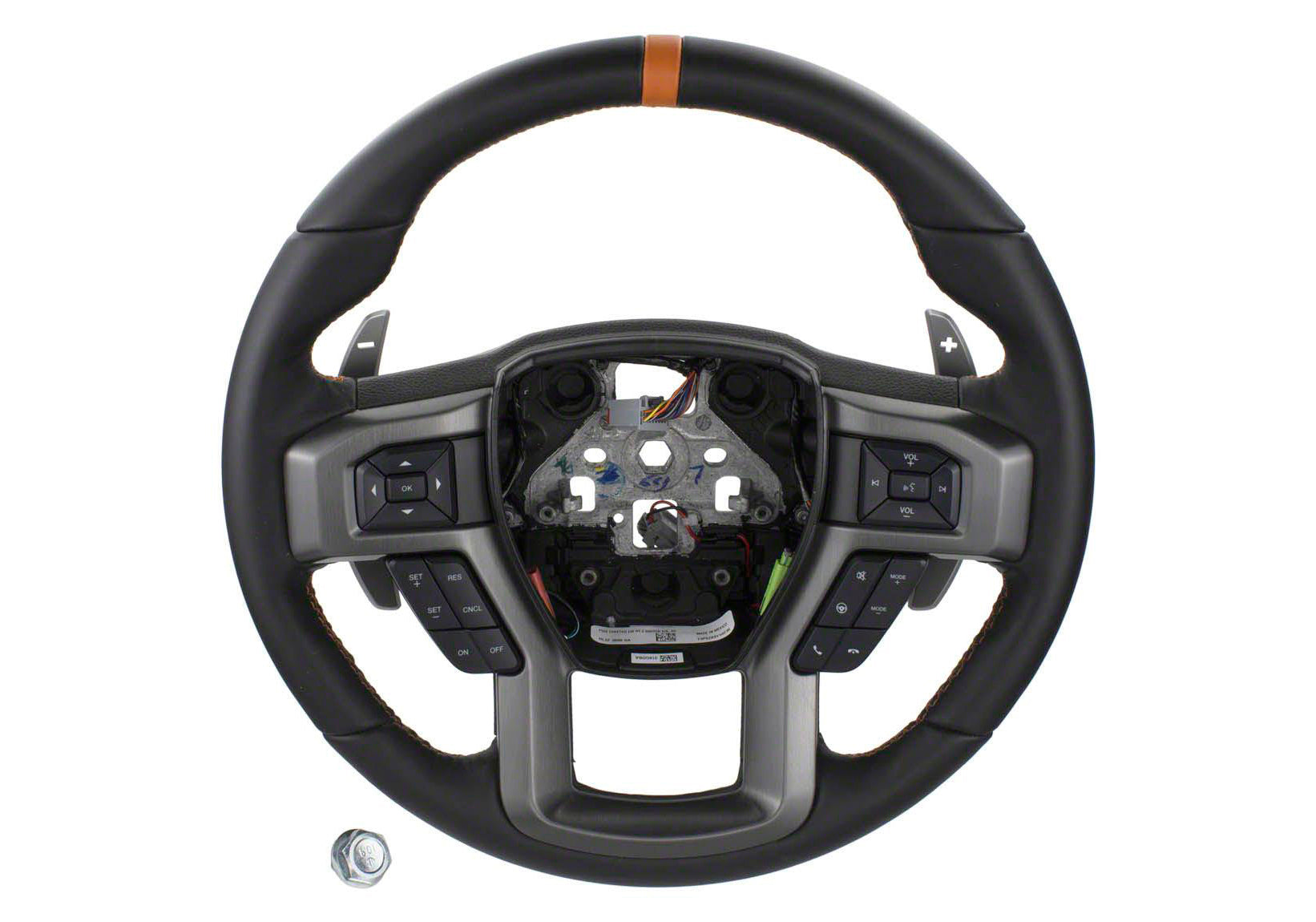 Ford Racing Steering Wheel - Black Leather Grip - Orange Stripe - Raptor - Ford Fullsize Truck 2015-18
