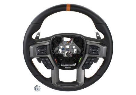 Ford Racing Steering Wheel - Black Leather Grip - Orange Stripe - Raptor - Ford Fullsize Truck 2015-18