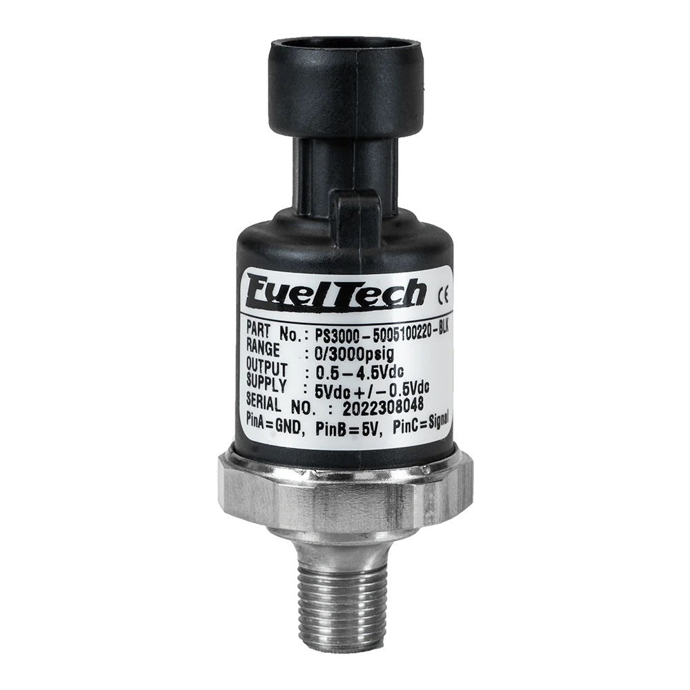 FuelTech Black Series Pressure Sending Unit - 1/8 in NPT Male Thread - 0-3000 psi - Black / Stainless