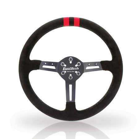FuelTech FTS-1 Steering Wheel - 345 mm Diameter - 55 mm Dish - Red Stripe - Black Suede Grip - Black