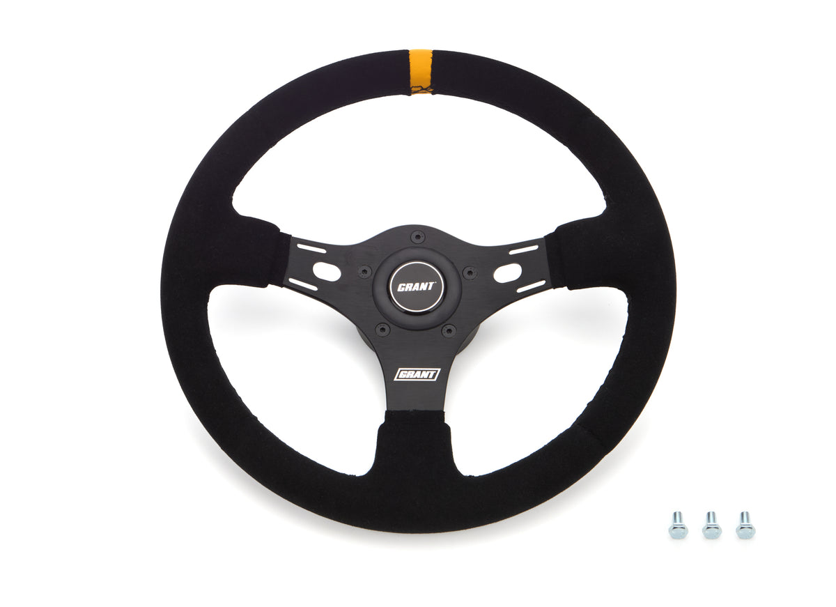 Grant Race Steering Wheel - 12.625 in Diameter - 1 in Dish - Black Suede Grip - Yellow Stripe - Black