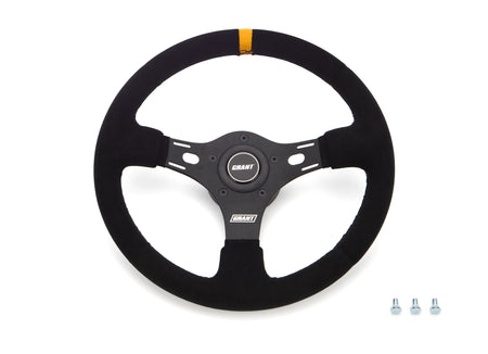 Grant Race Steering Wheel - 12.625 in Diameter - 1 in Dish - Black Suede Grip - Yellow Stripe - Black