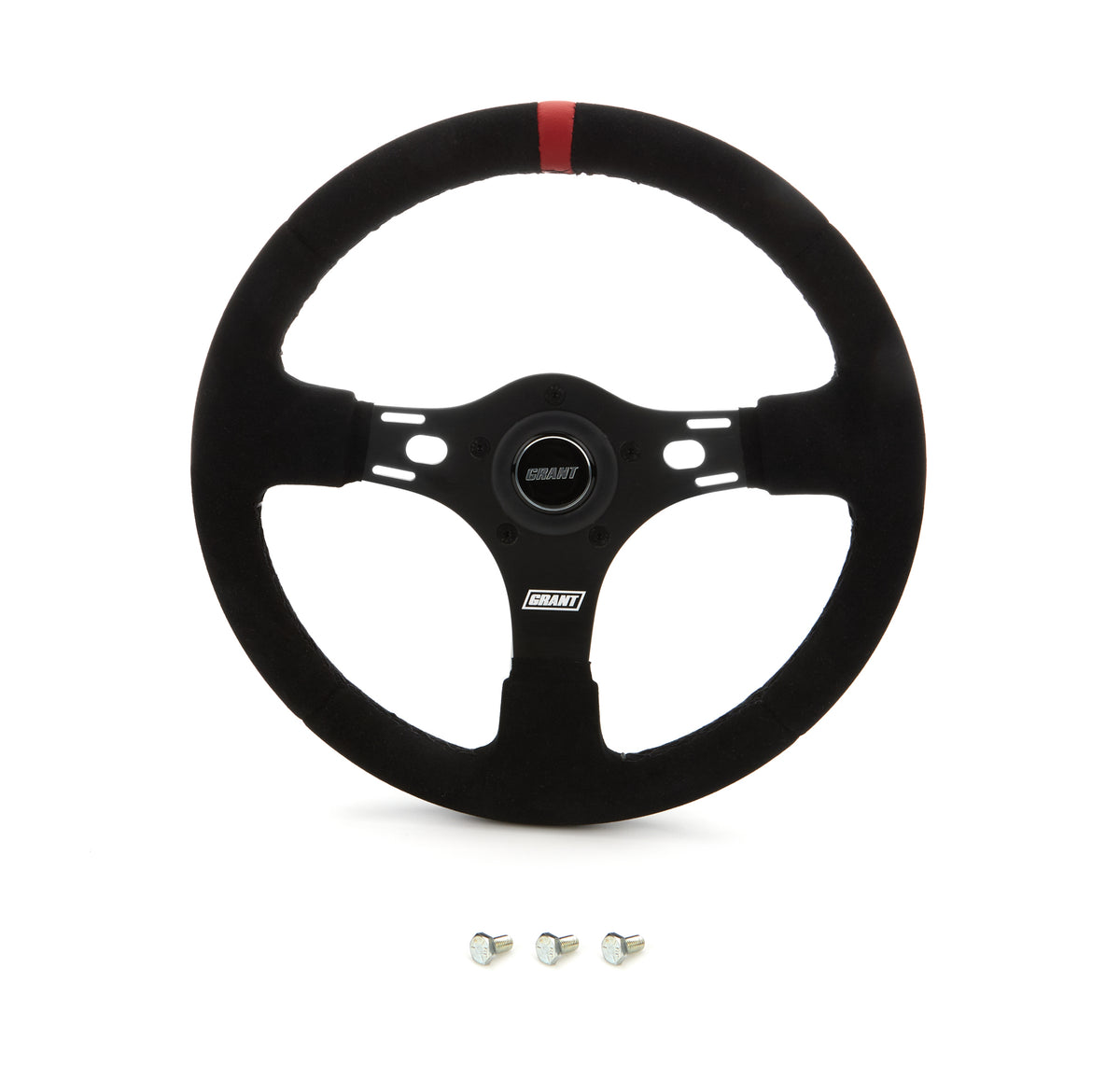 Grant Race Steering Wheel - 12.625 in Diameter - 1 in Dish - Black Suede Grip - Red Stripe - Black