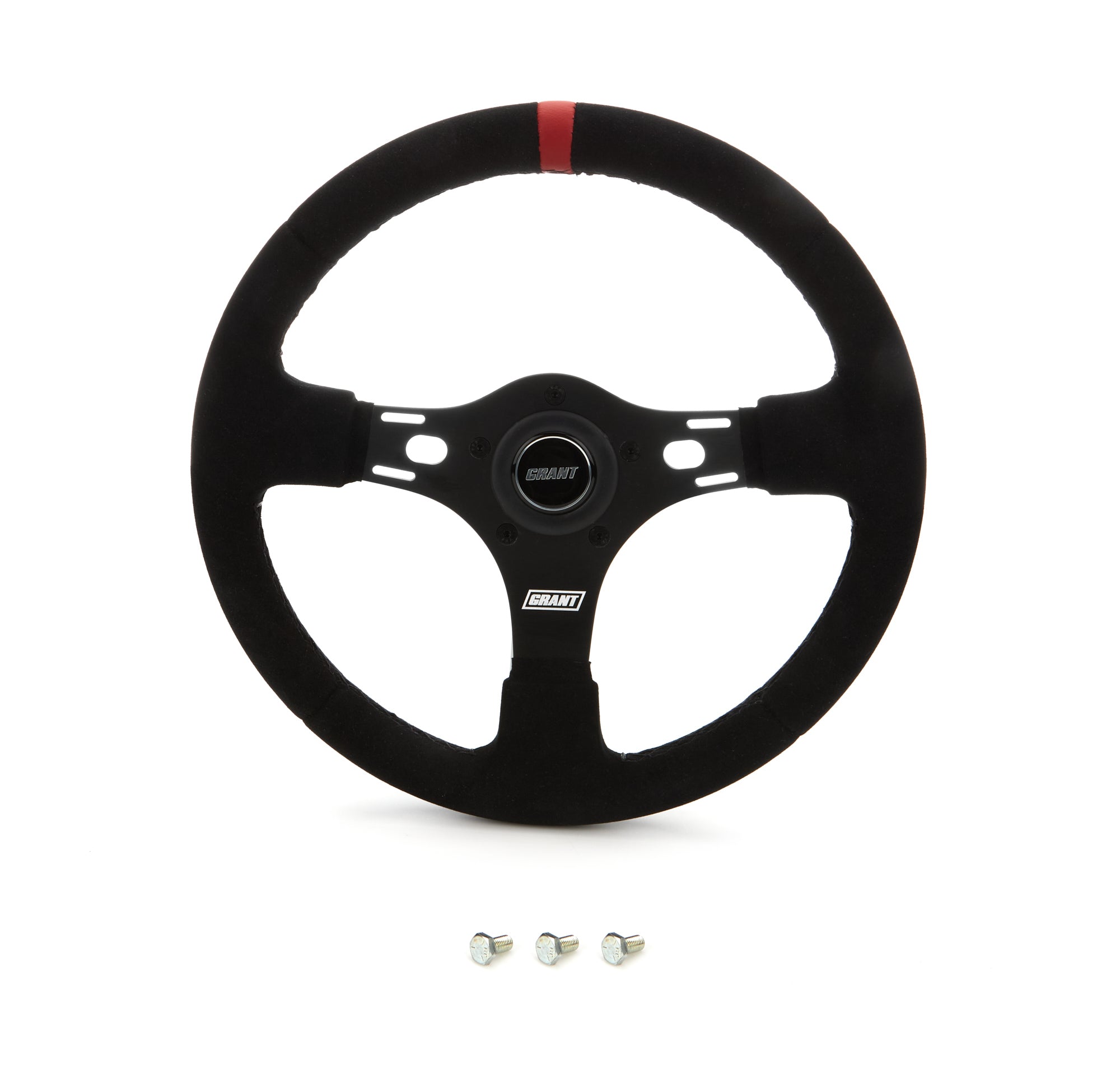 Grant Race Steering Wheel - 12.625 in Diameter - 1 in Dish - Black Suede Grip - Red Stripe - Black