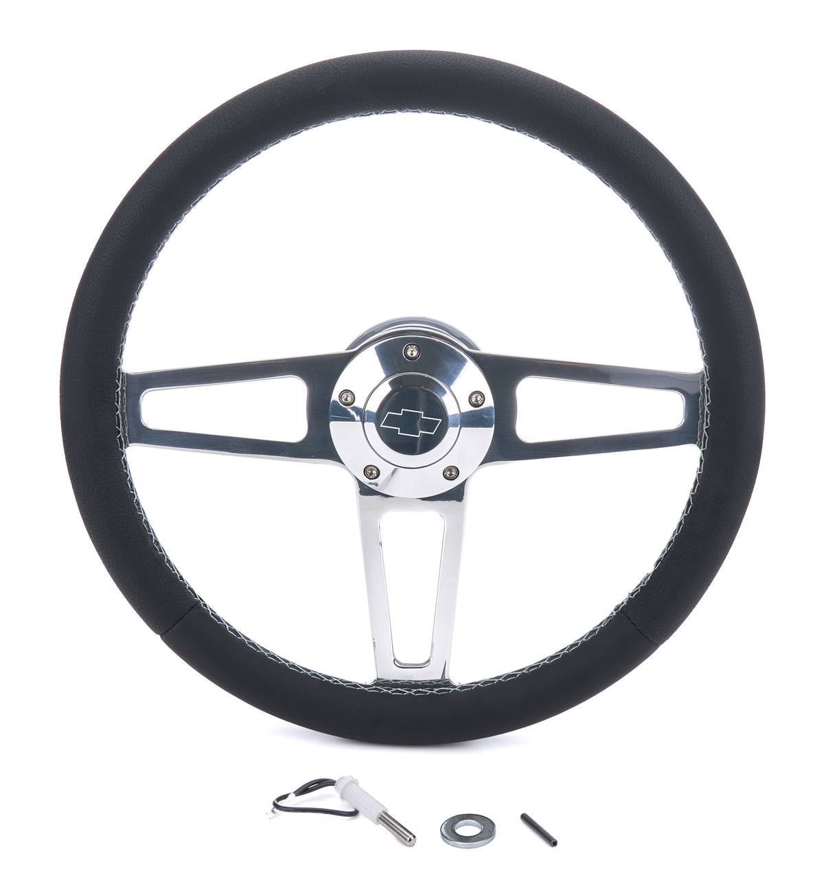 Grant Billet Classic Series Steering Wheel - 13.75 in Diameter - Flat - 3-Spoke - Black Leather Grip - Chevrolet Bowtie Logo - Polished - GM 1957-69