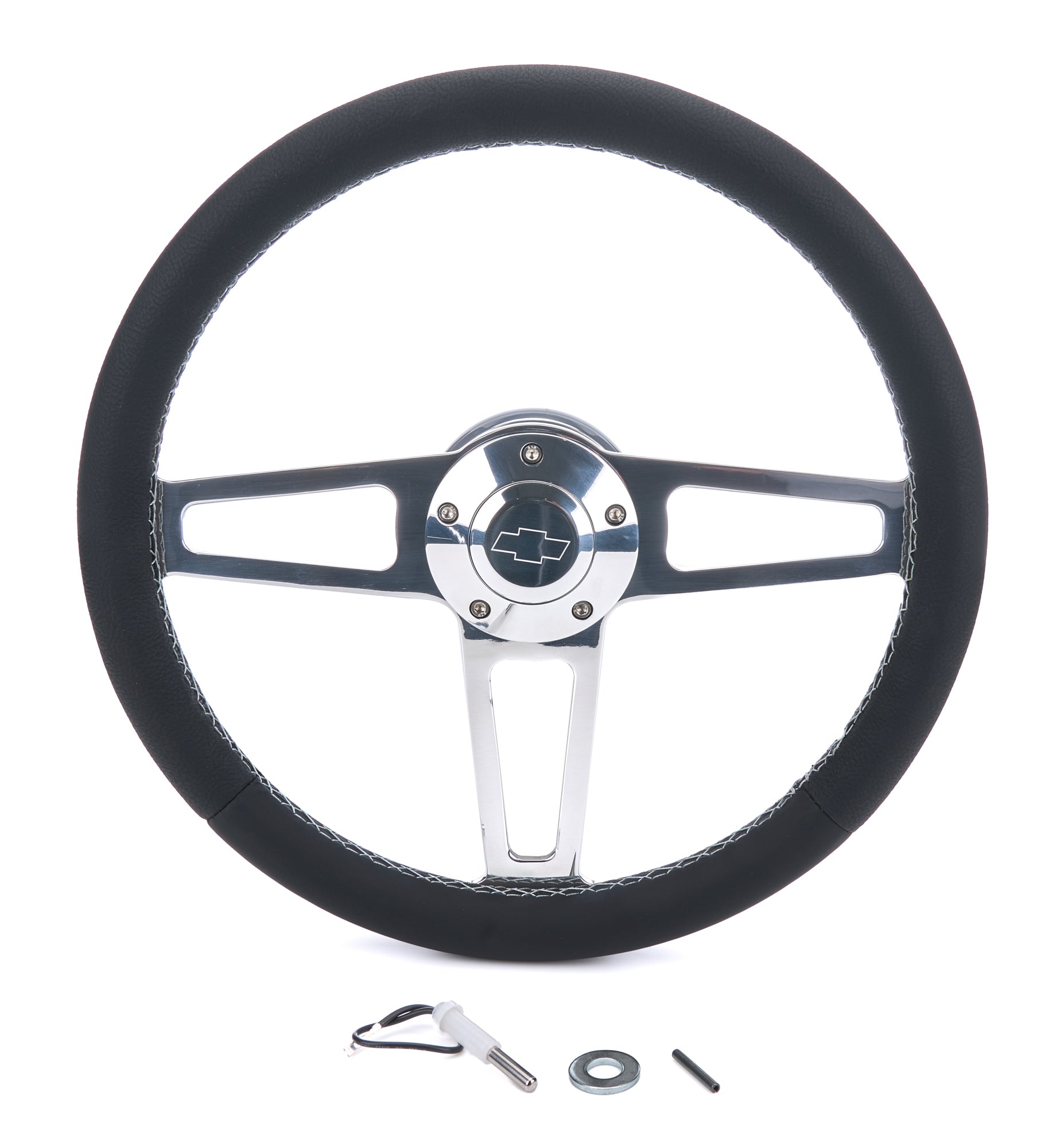 Grant Billet Classic Series Steering Wheel - 13.75 in Diameter - Flat - 3-Spoke - Black Leather Grip - Chevrolet Bowtie Logo - Polished - GM 1957-69