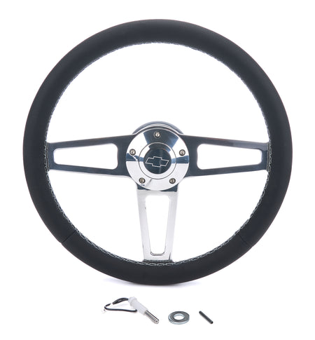 Grant Billet Classic Series Steering Wheel - 13.75 in Diameter - Flat - 3-Spoke - Black Leather Grip - Chevrolet Bowtie Logo - Polished - GM 1957-69