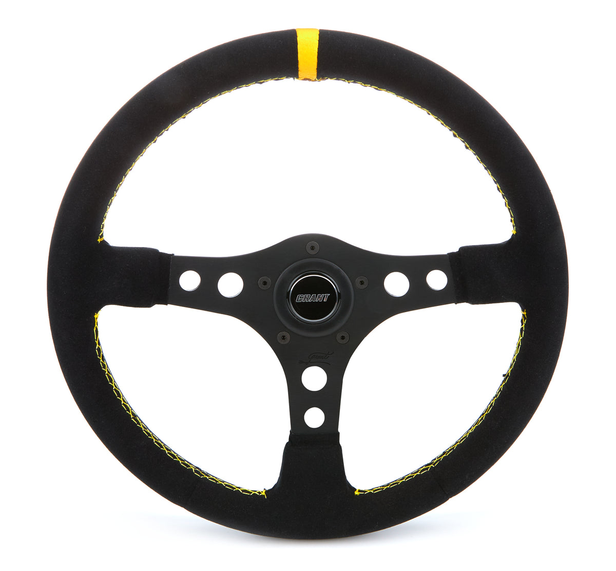 Grant Formula GT Steering Wheel - 14 in Diameter - 1.75 in Dish - Black Suede Grip - Yellow Stripe - Black
