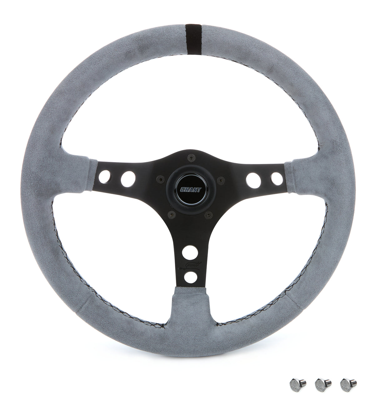 Grant Race Aluminum Steering Wheel - 13.5 in Diameter - 3 in Dish - 3-Spoke - Gray Suede Grip - Black Stripe - Black