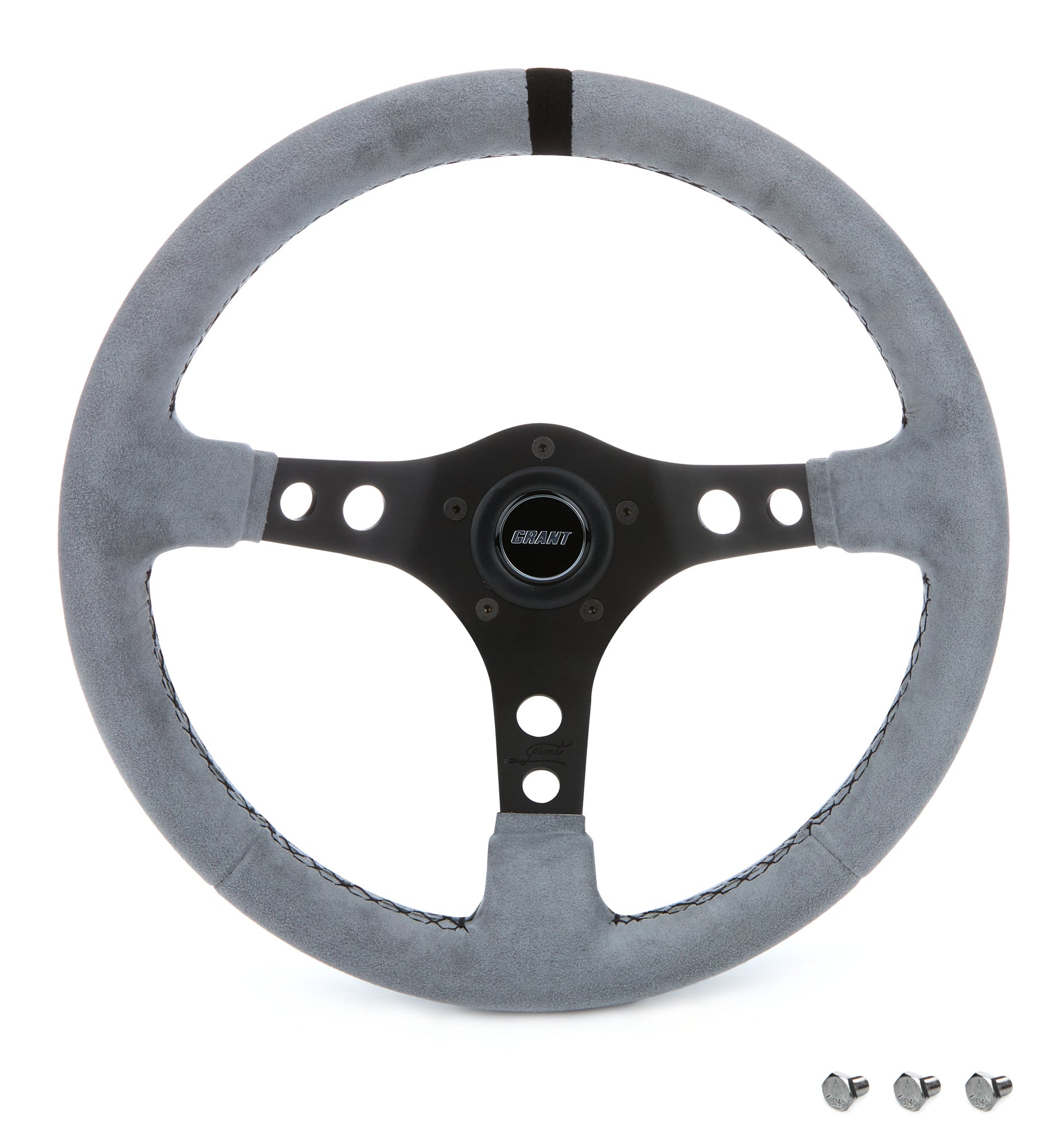 Grant Race Aluminum Steering Wheel - 13.5 in Diameter - 3 in Dish - 3-Spoke - Gray Suede Grip - Black Stripe - Black
