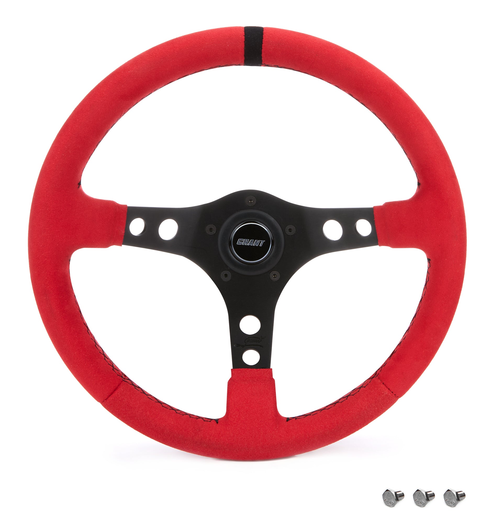 Grant Race Aluminum Steering Wheel - 13.5 in Diameter - 3 in Dish - 3-Spoke - Red Suede Grip - Black Stripe - Black