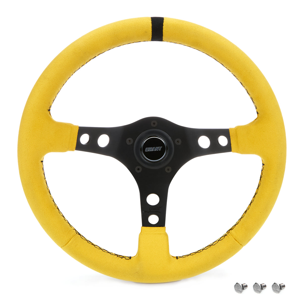 Grant Race Aluminum Steering Wheel - 13.5 in Diameter - 3 in Dish - 3-Spoke - Yellow Suede Grip - Black Stripe - Black