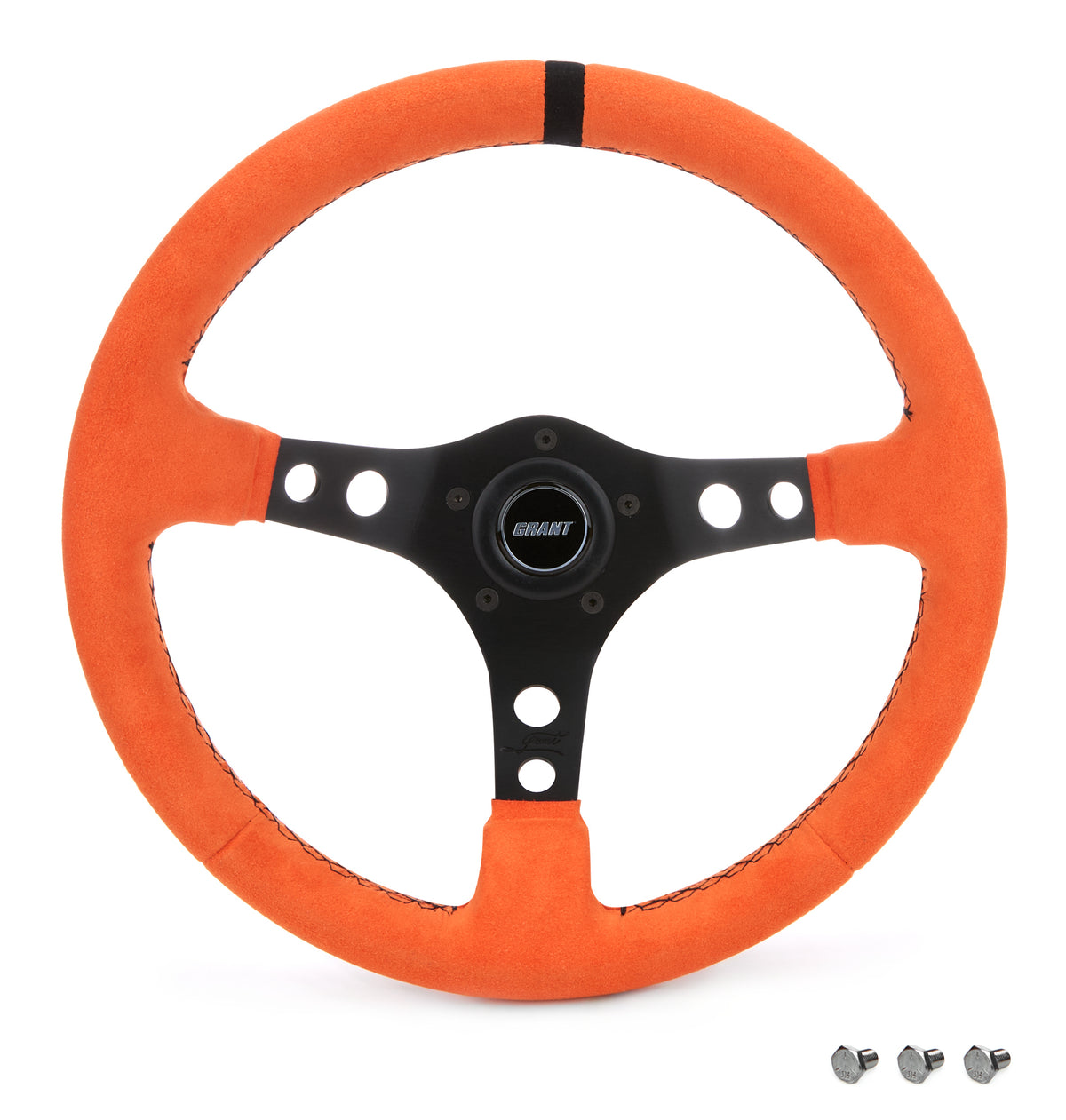 Grant Race Aluminum Steering Wheel - 13.5 in Diameter - 3 in Dish - 3-Spoke - Orange Suede Grip - Black Stripe - Black