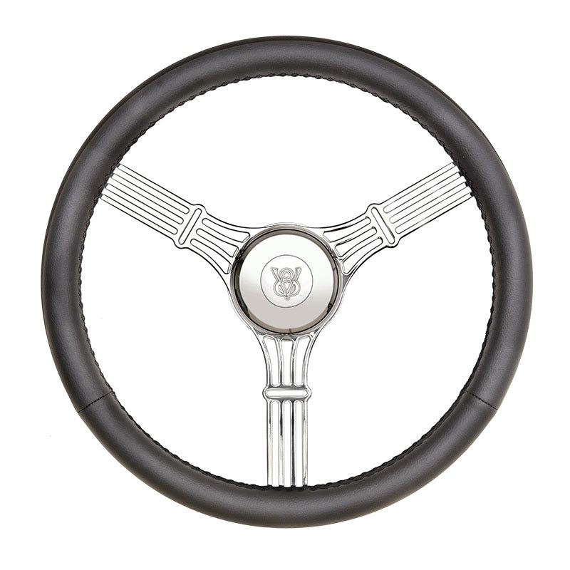 GT Performance GT3 Retro Gasser Steering Wheel - 15 in Diameter - Flat - Black Leather Finger Notch Grip - Polished