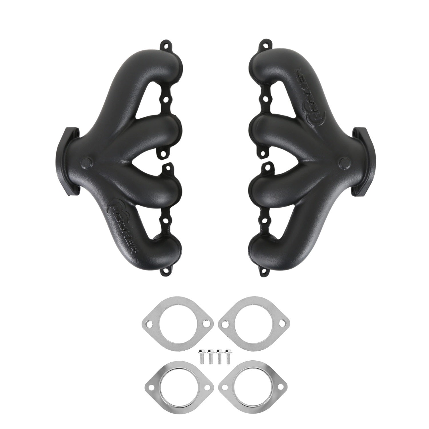 Hooker BlackHeart Cast Iron Center Dump Exhaust Manifold - Black Ceramic Coated - GM LS-Series (Pair)