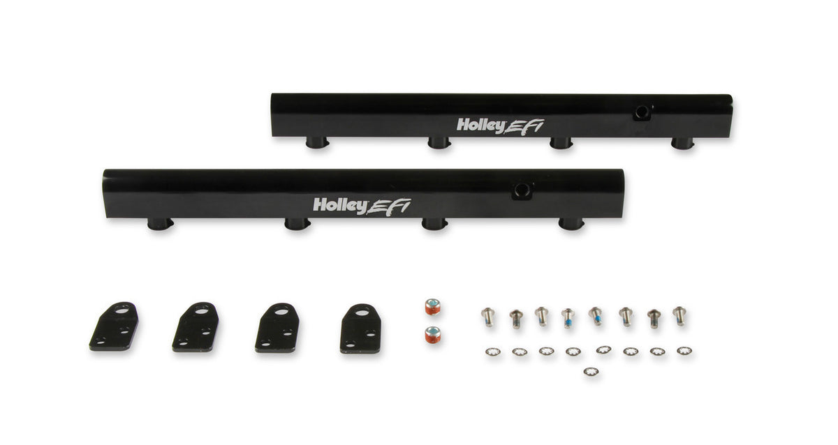 Holley EFI Hi-Flow Fuel Rail - 8 AN Female Inlet - 8 AN Female Outlet - 1/8 in Gauge Port - Black - Ford Coyote
