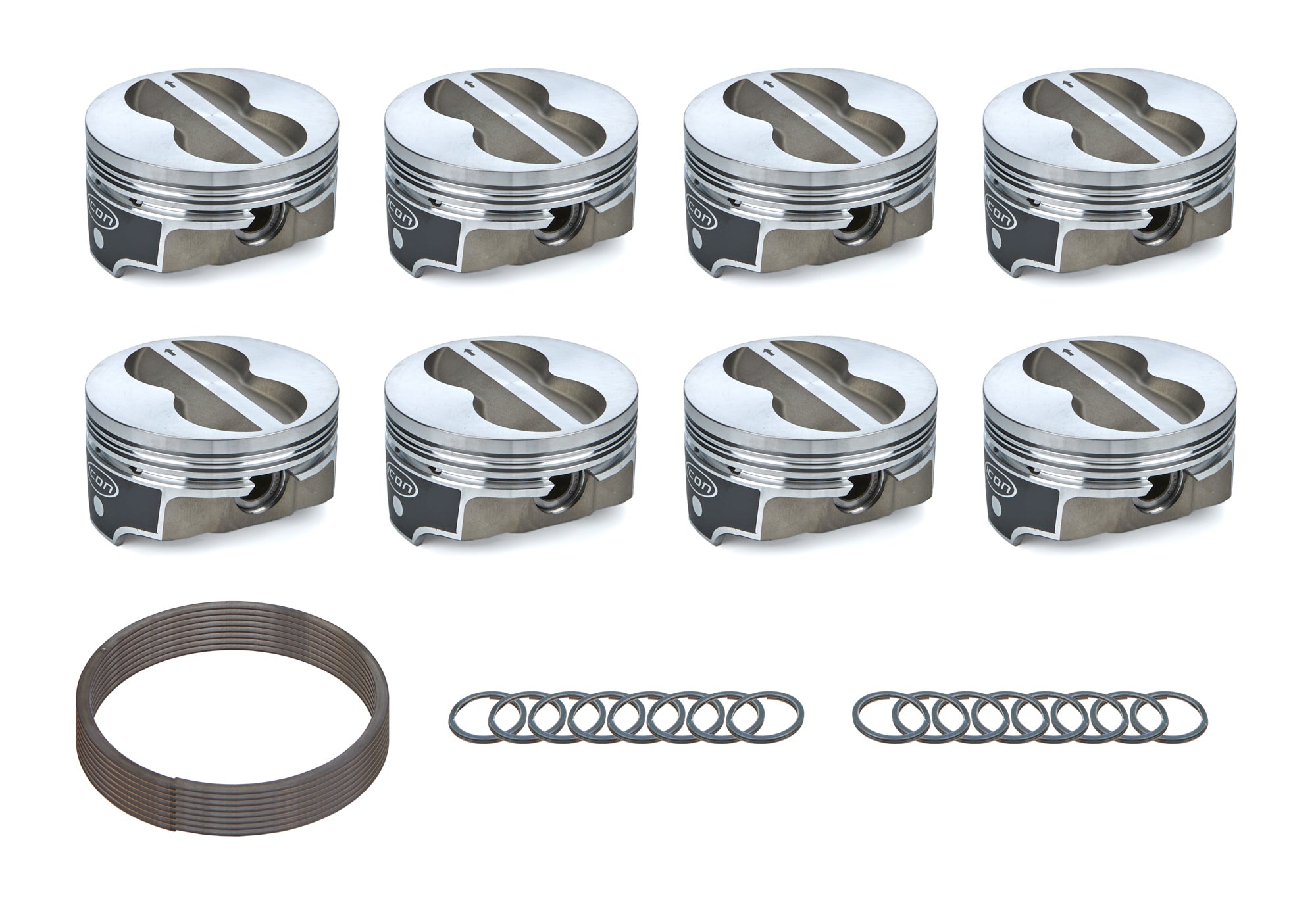 Icon Pistons FHR Forged Flat TopPiston Set - 4.030 in Bore - 1.5 mm x 1.5 mm x 3.0 mm Ring Grooves - Minus 10.00 cc - Small Block Chevy (Set of 8)
