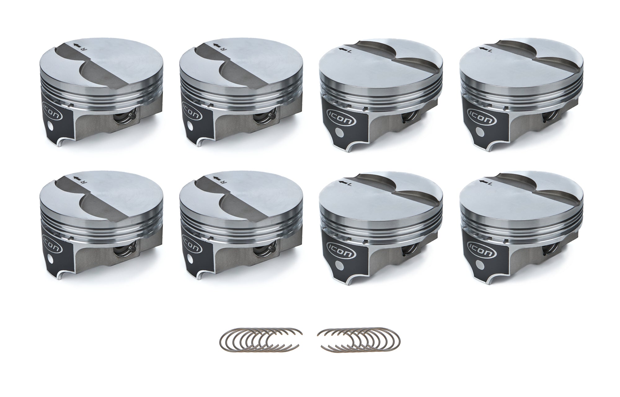 Icon Pistons FHR Forged Flat Top Piston Set - 4.030 in Bore - 1.5 x 1.5 x 3.0 mm Ring Grooves - Minus 3.30 cc - GM LS-Series (Set of 8)