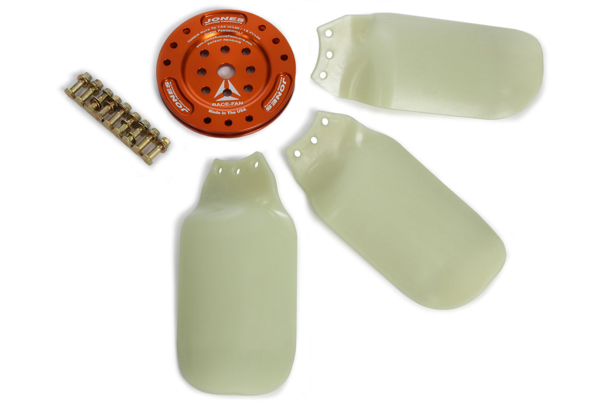 Jones Racing Products Hustler Fan - 18 in. Diameter - 3 Blade - 5/8 in Pilot - Universal Bolt Pattern - Orange / Natural