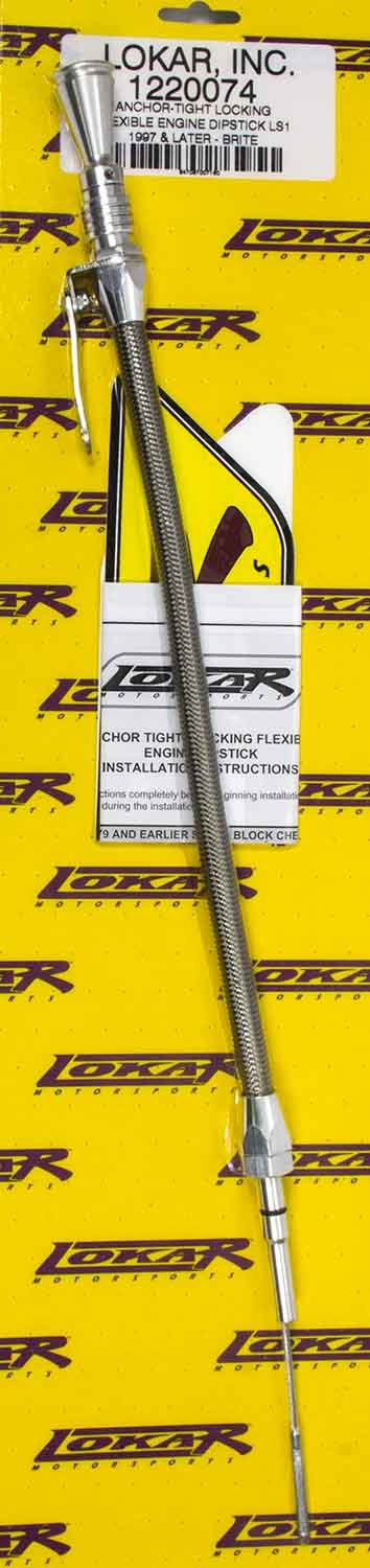 Lokar Anchor-Tight Locking Engine Oil Dipstick - Block Mount - Braided Stainless - Clear Anodized - GM LS-Series