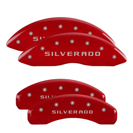 MGP Caliper Covers Silverado Logo Brake Caliper Cover - Red - 18 in Minimum Wheel Diameter - GM Fullsize Truck 2019-24 (Set of 4)
