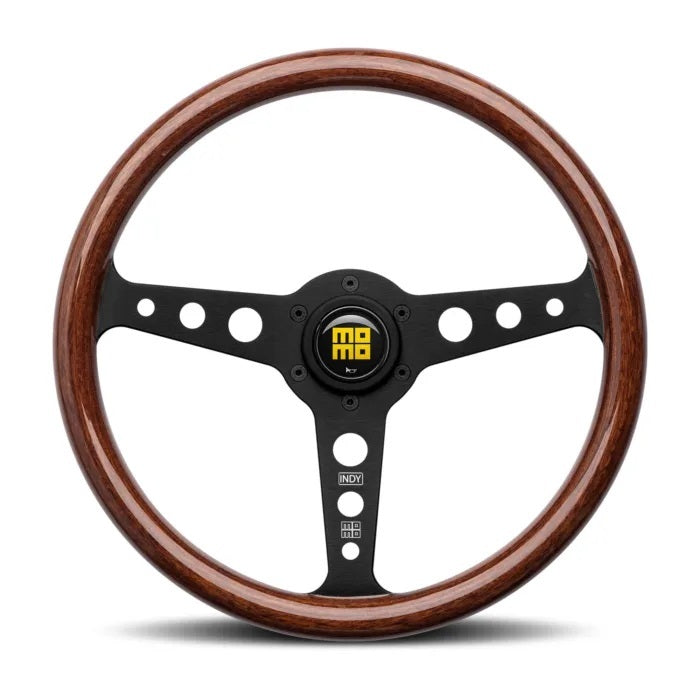 Momo Indy Black Steering Wheel - 350 mm Diameter - 37 mm Dish - Mahogany Wood Grip - Black