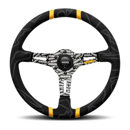 Momo Ultra Steering Wheel - 350 mm Diameter - 90 mm Dish - Yellow Stripe - Black Alcantara Grip - Black / White